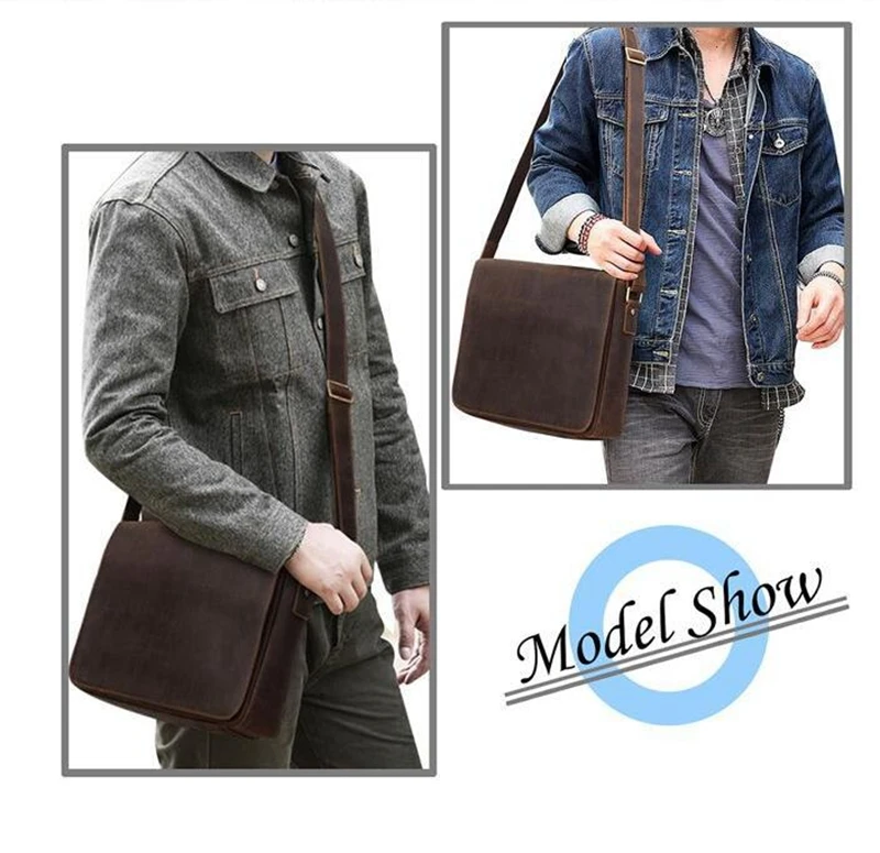 Dreamtop DTA536 coffee crazy horse leather 14 inches laptop messenger bag vintage leather crossbody bag for men