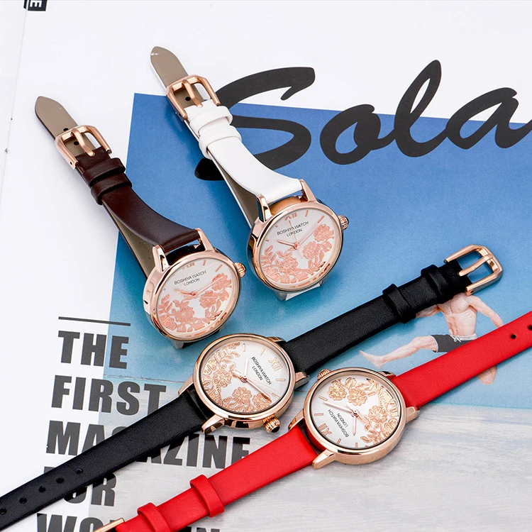 BOSHIYA  hot-selling Luxury Colorful Genuine Leather Band Womens Watches