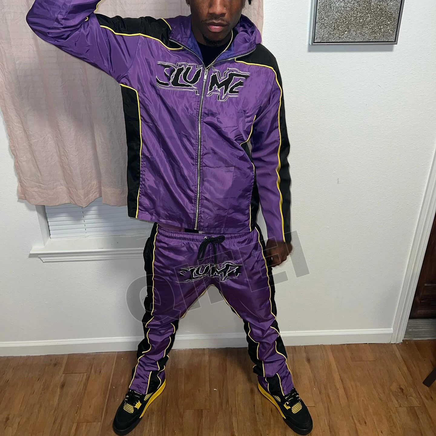 Custom color blocked sweatsuit embroidery 3m reflective jogger track suit zip up jacket windbreaker nylon tracksuit set men