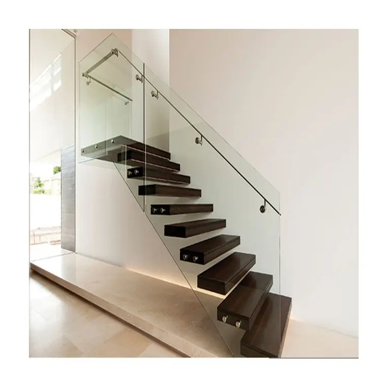 Indoor Solid Wood Floating Staircase Handle with Glass Railing