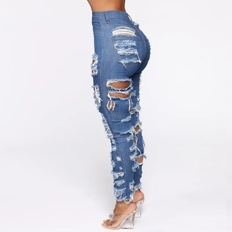 Popular Style Distressed Stretch Denim High Waist Jeans Ripped Plus Size Denim  Pants For Women