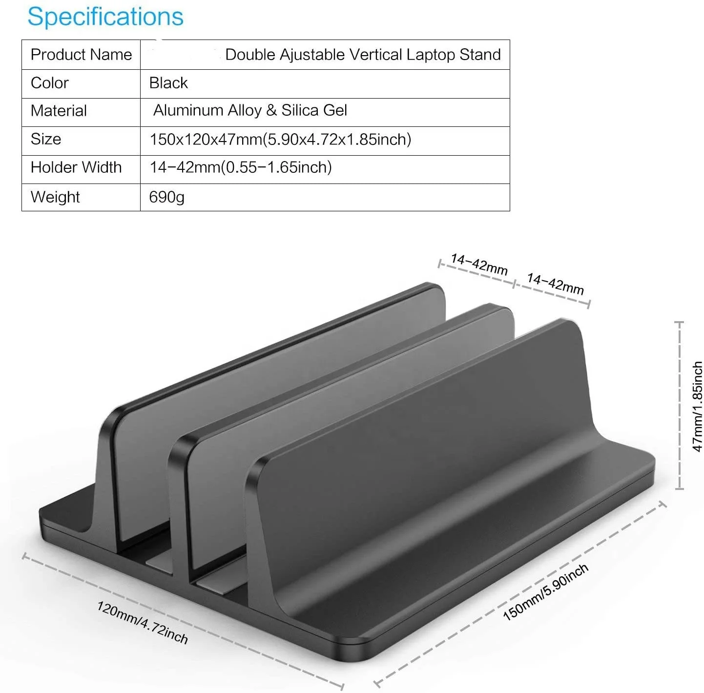 
Double Vertical Laptop Stand double Desktop Stand Holder Aluminum Dual Holder for Adjustable Dock black 