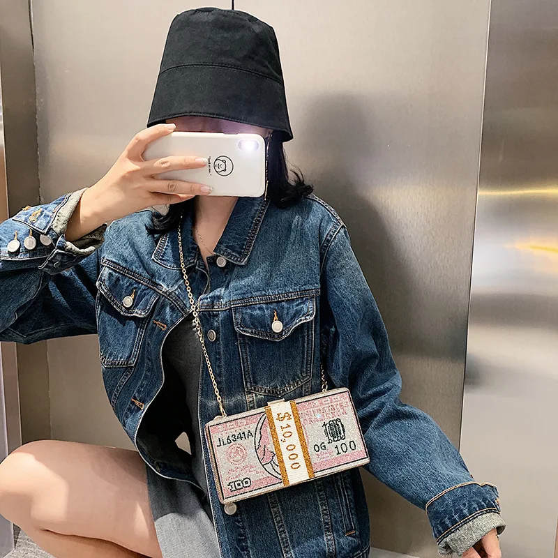 
2020 Woman party clutch purse crystal dollar money crossbody bags ladies evening clutch bag handbag 