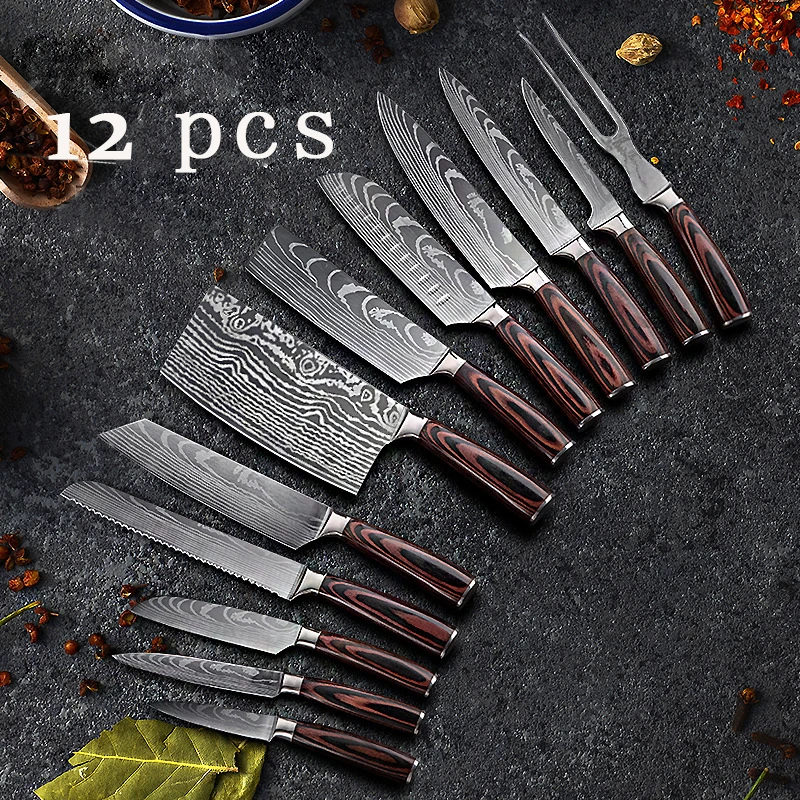 12pcs Custom logo damascus hammered knife sets long Chef set of knives Kitchen knife and fork sets
