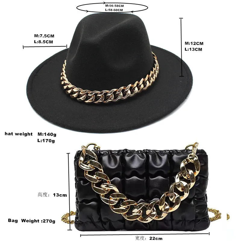 Hot sell Wide Brim Panama Hat Fedora Cap Oversized Chain Accessory Bag Hat  For Women Luxury New Hat Latest Chain Two-piece Set