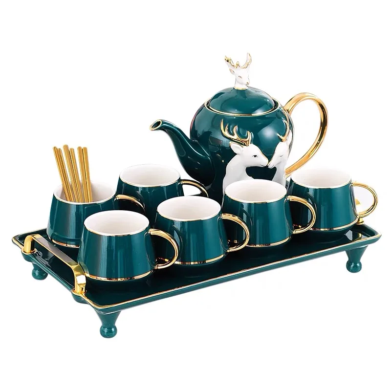 Elk style coffee cup set luxury European household ceramic tray hand-painted gold tea set gift box