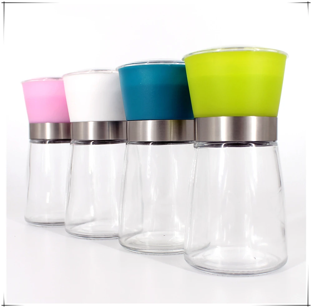 Home Use Manual Salt and Pepper Mill Grinder Set Glass Bottle with Ceramic Core round Pattern Plastic Pepper Grinders