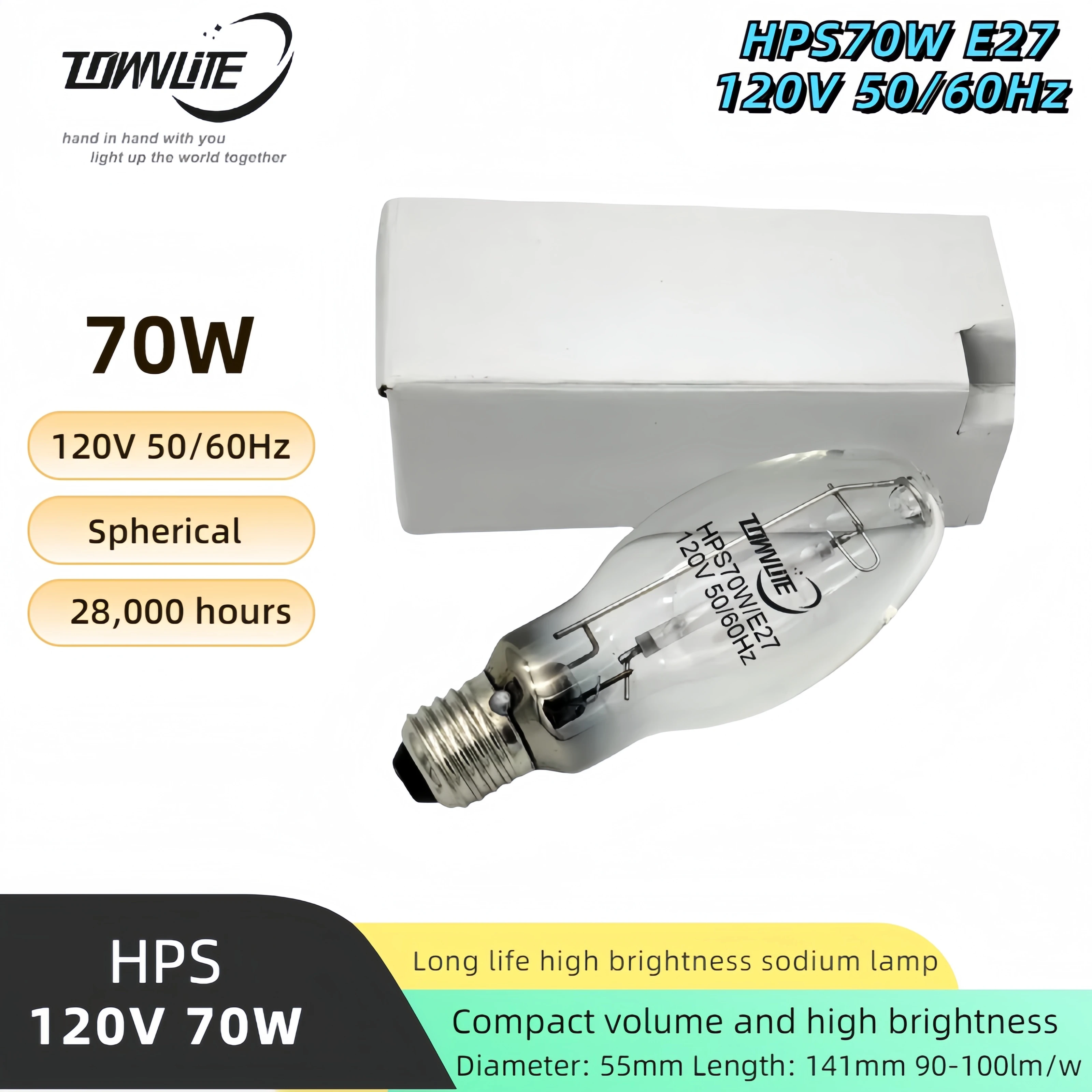 High luminous efficiency transparent spherical US standard ED55 28000Hours 120v 50/60Hz HPS70W E27 low pressure sodium lamp
