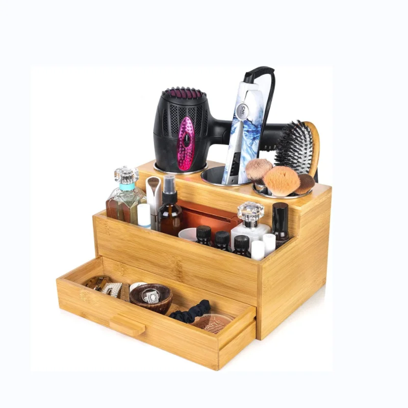 Bamboo Makeup Storage Holder Hair Tools Cosmetic Organizer Heat resistant Hair Dryer Caddy Storage Rack with drawer