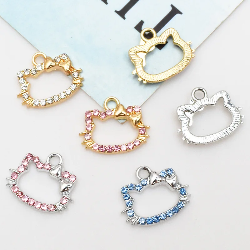 10pc/bag DIY alloy cartoon shiny kitty cat shape pendant for jewelry making rhinestone charms bracelet necklace accessories