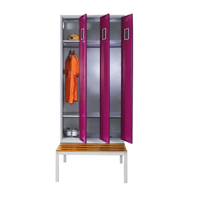 Useful Triple Compartment Metal Almirah Design Steel Locker Room 3 Door Lockers With Bench