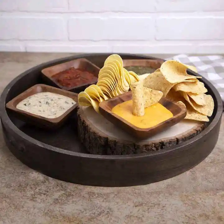 Acacia Wooden Bowls Hand-Carved Calabash Dip Tray Bowl S/4 Ideal for Appetizers, Dips, Sauce, Nuts, Candy, Olives, Seeds