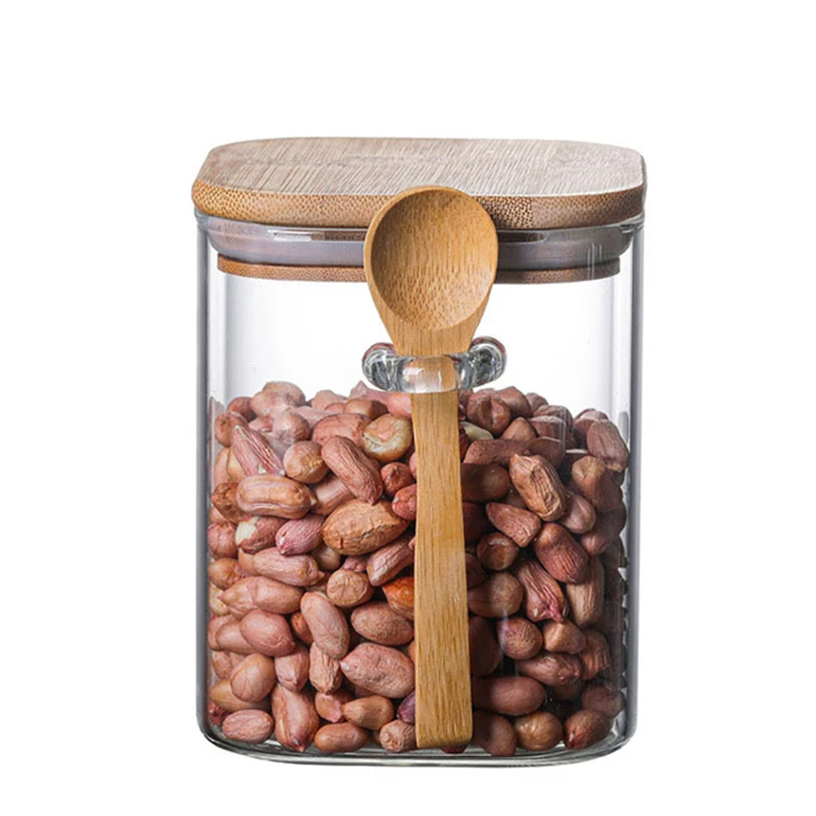 Hot Selling Wholesale Price Available Different Sizes Square Glass Jar With Bamboo Lid Spoon