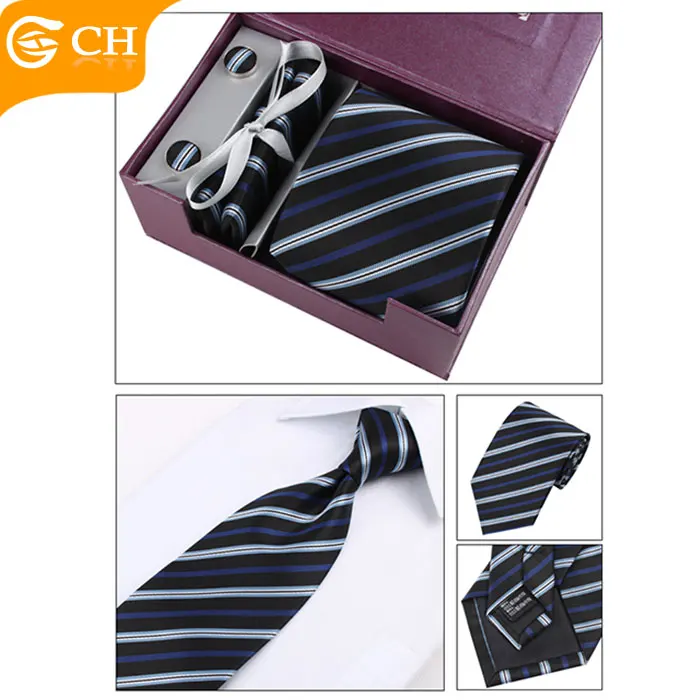Custom Men Striped  Polyester Tie And Pocket Square Gift Box Set Necktie