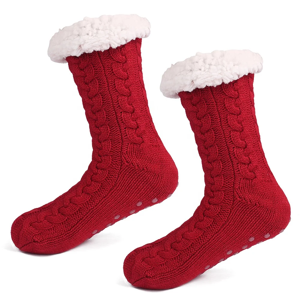 Womens Winter Knit Fleece Cable Gripper Socks Warm Fuzzy Non-slip Home Floor Slipper Socks