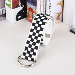 Chinber Fashion Black Red Plaid Pattern Double D Ring Canvas Waist Belts