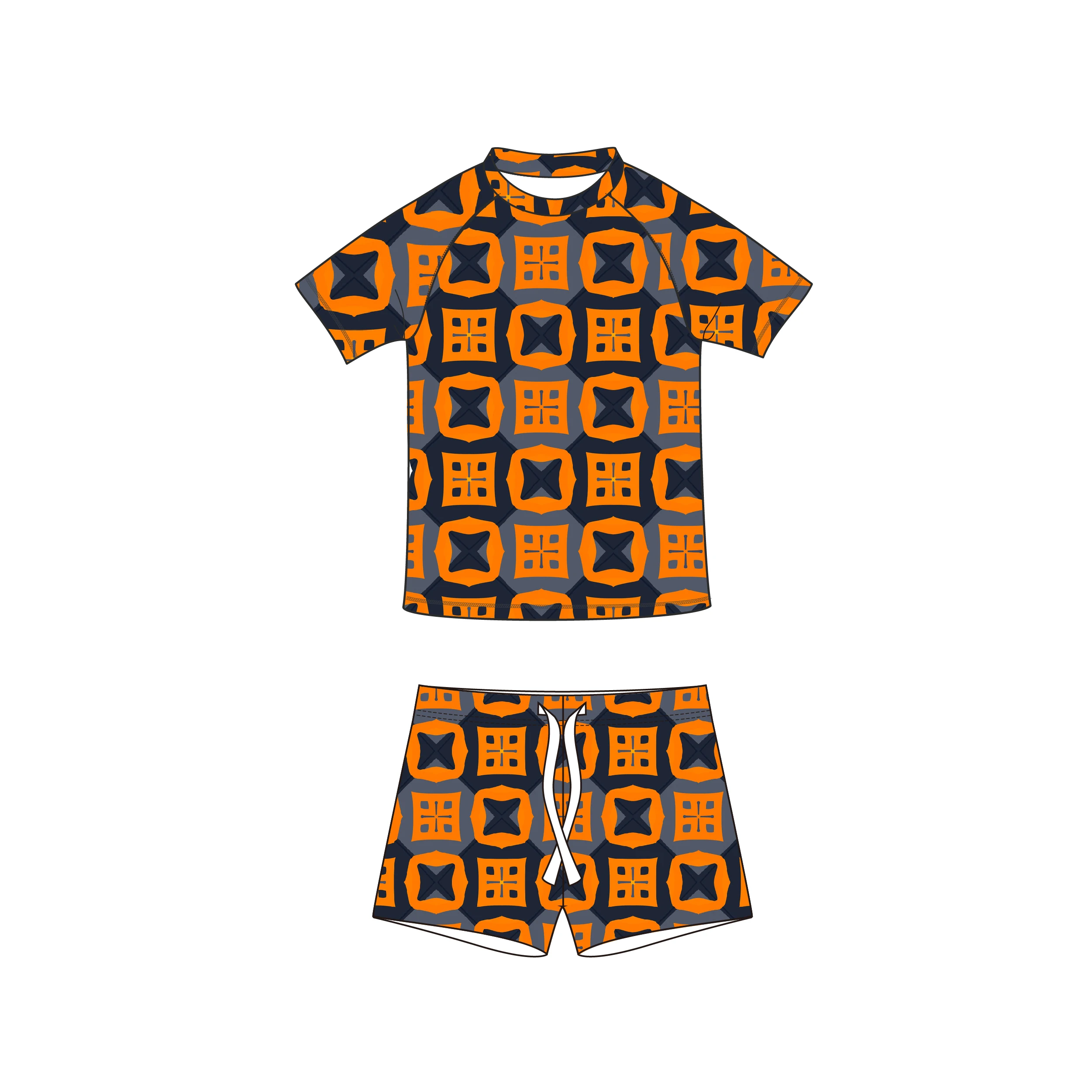 High Quality Custom Checkered Printing Kids Swimsuit Long Sleeved Eco-friendly Little Boy Swimwear