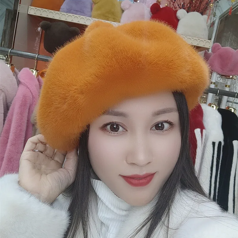 Manufacturers Wholesale Unisex Octagonal Hat Black Beret with Winter Tide Display Imitation Mink Hair with Small Bud for Fishing