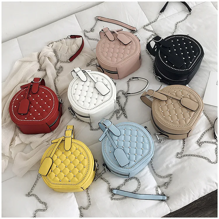 Fashion Rivet Round PU Leather Women Chains Handbag DIamond Lattice Shoulder Bag Lady Travel Purse Crossbody Bag Messenger