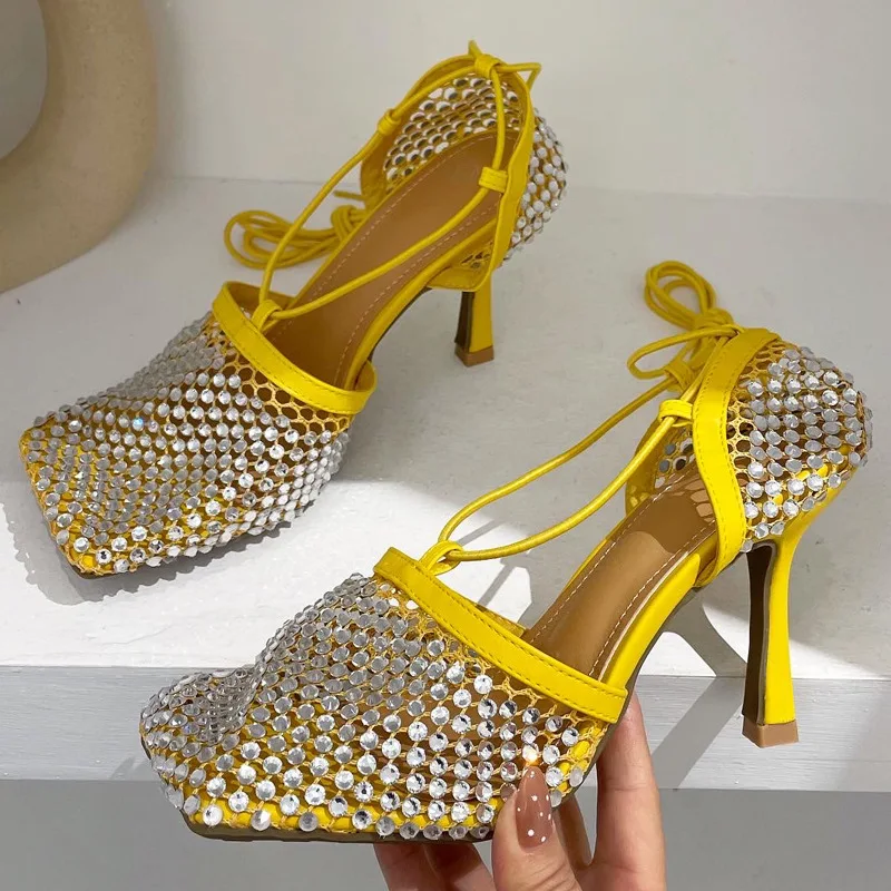 Plus Size New Fishnet Lace-up Square Toe Hollow High Heels Fashion Party Sexy Stiletto Heeled Sandals