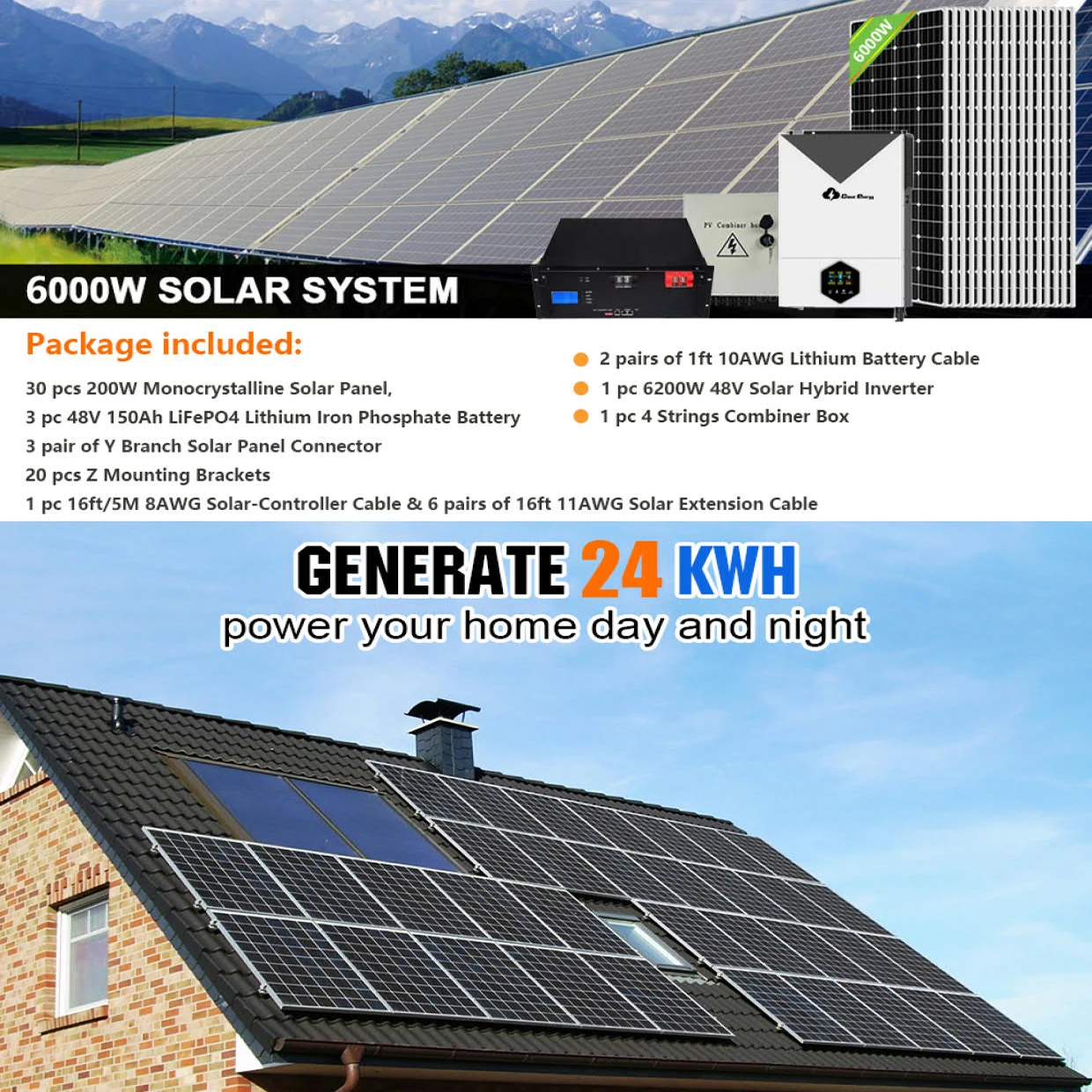 6000W Off Grid energy storage solar system for Home 3pcs 48V150 Ah Lifepo4 30 pcs 200W Solar Panel +6200W Inverter+accessories