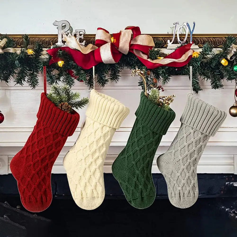 Soft Knitted Grey Red White Christmas Socks Gift Promotional OEM Logo Knitting With Faux Fur Cuff Christmas Stockings