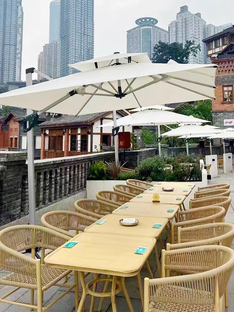 rattan synthetic outdoor restaurant garden rattan wood bistro table and chairs and umbrella