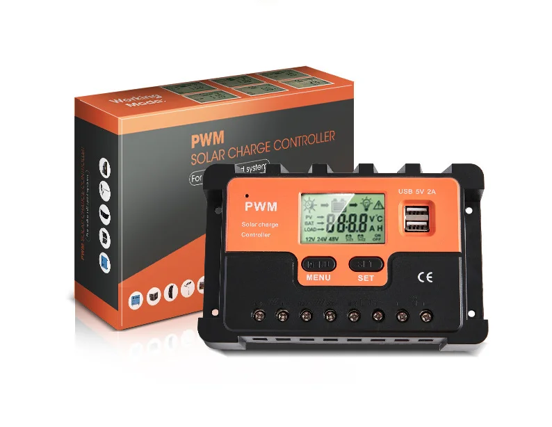 10A/20A/30A/40A/50A/60A PWM контроллер солнечного заряда 12V/24V солнечный регулятор зарядное устройство ЖК-дисплей двойной USB