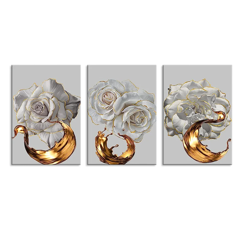 Art Work for Home Walls White Rose Flower Picture White and Gold Printings 3 Panel Canvas  Wall Art Home Decor for Living Room