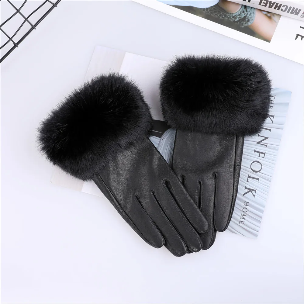 Лидер продаж, женские перчатки из натуральной овечьей кожи, осенне зимние теплые перчатки с отделкой кроличьим мехом, варежки (1600255166437)
