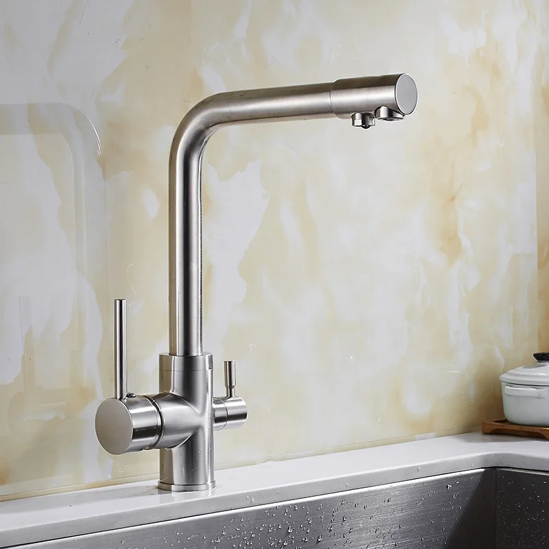 Brass Brush Nickel 3 Way Sink Mixer Hot Cold Water Tap Purified Water Filter Reverse Osmosis 3 Function Kitchen Faucet