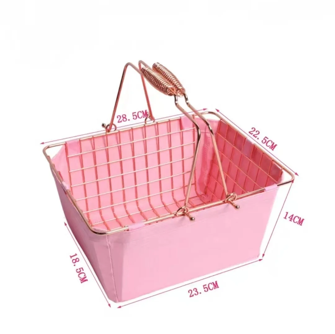 best selling pink rose gold golden silver black factory price metal mesh shopping storage basket with handles