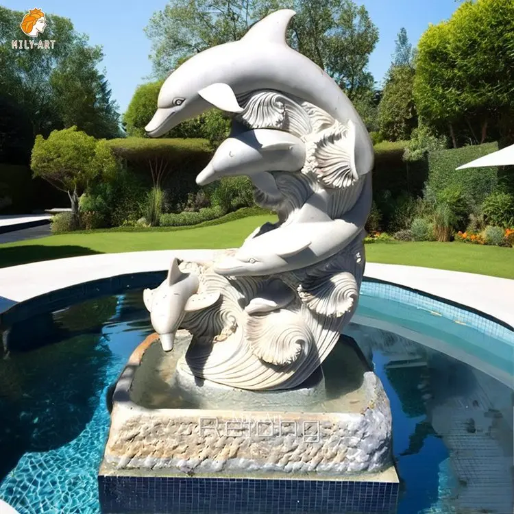 Hot Sale Custom Design White Marble Carving Dolphin Statues Sculpture  for Swimming Pool