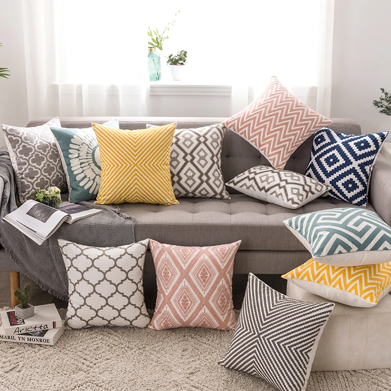 Hand Embroidery Cushion Cover European Luxury Geometric Embroidered Throw Pillow Cover Decoration Pillow for Couch 18*18 inch