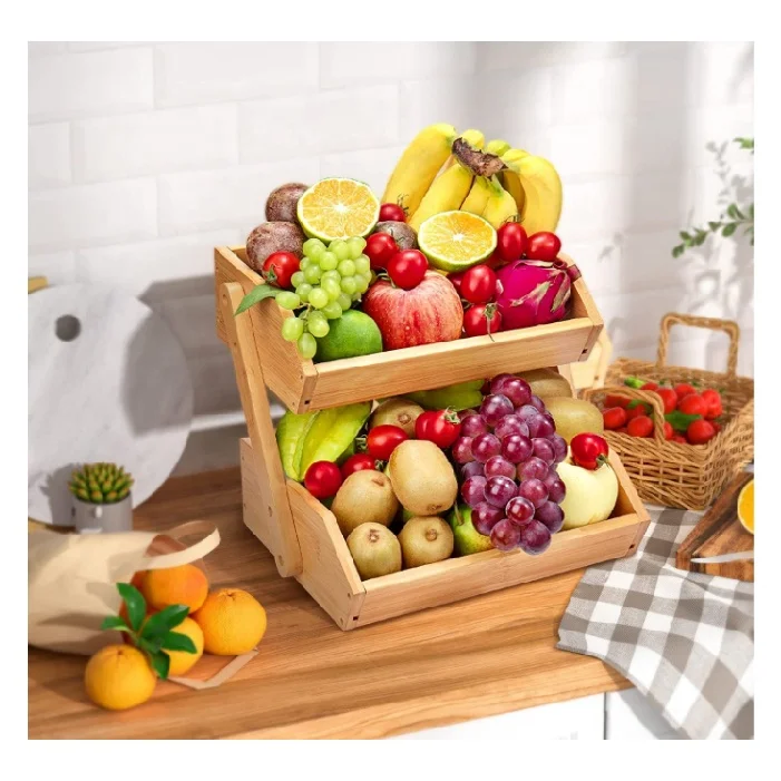 Vegetable Storage Stand for Fruit Shop Kitchen Counter 2-Tier Fruit Bowl Bamboo Fruit Basket