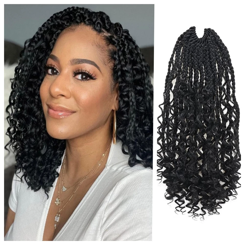 Pre-Looped Synthetic Hair Curls Boho Box Braids Crochet Hair Extensions with Full Curly End
