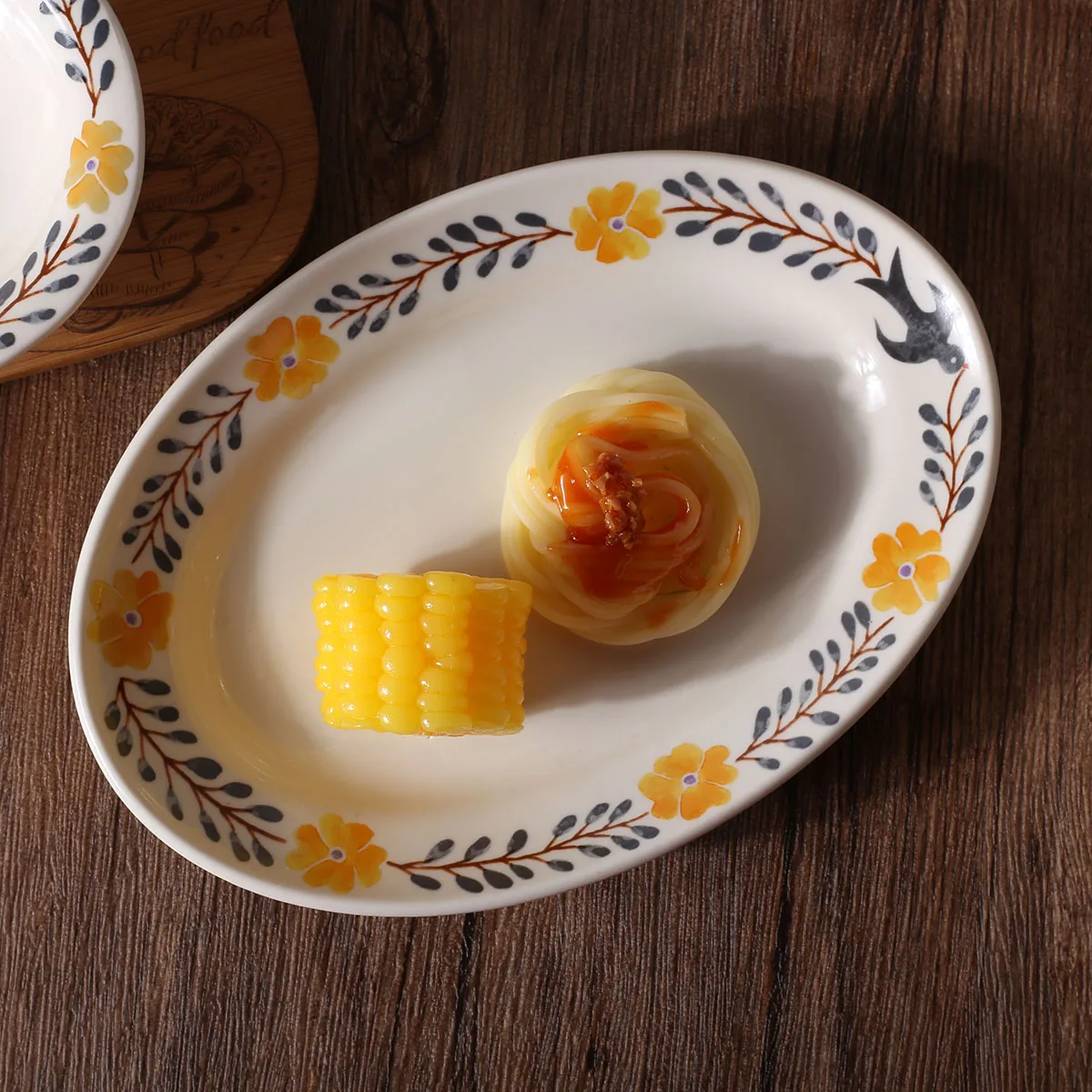 Japanese Korean Plates Oval Shape Ceramic Dinner Chargers For Plates Flowers Stoneware