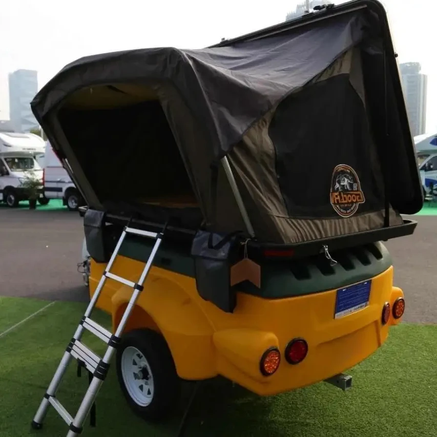 Outdoor 2-4 Person Pop Up Tent Camping Trailer Pull Behind Bicycle/Tool Box Plastic Trailer with Bicycle Carrier-Roof Top Tent