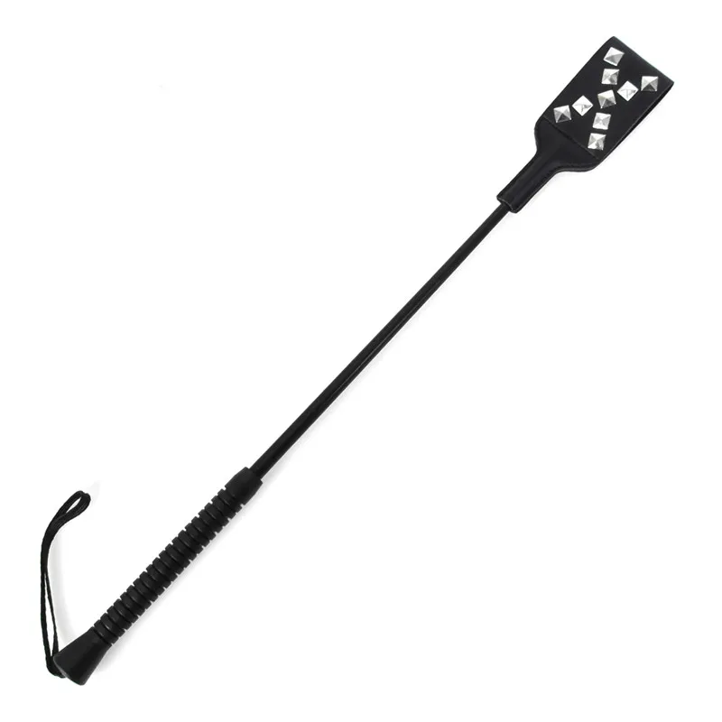 SM Fetish Black Metal Rivets Soft Plastic Long Handle Riding Crop Spanking Paddle