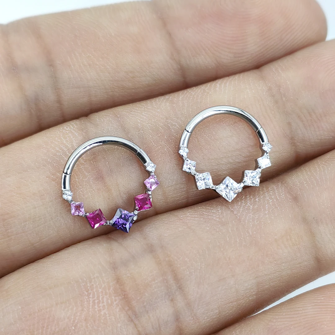Calendo Hot Sale  ASTM  F136 Titanium  CZ Stone Cluster  Hinged Segment Clicker Wedding Gift Septum Ring  Piercing  Earing