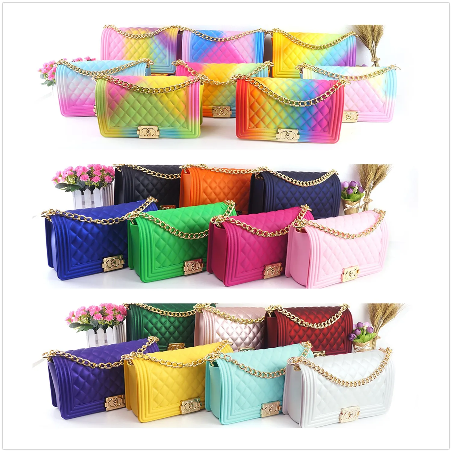 
Wholesale women handbags 2020 silicone/PVC shoulder handbag rainbow bag jelly candy purse 