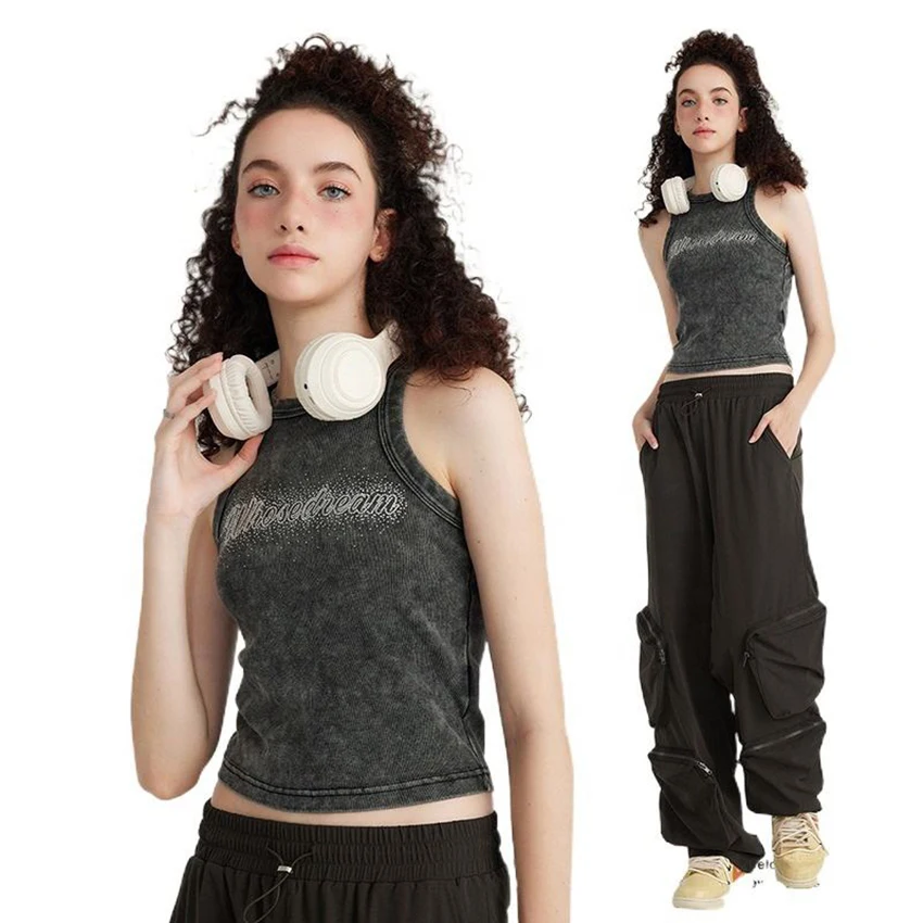 OEM Hot Custom Logo Summer Lady tank top rhinestones washed acid White Black Ribbed Crop Tank Top for Women