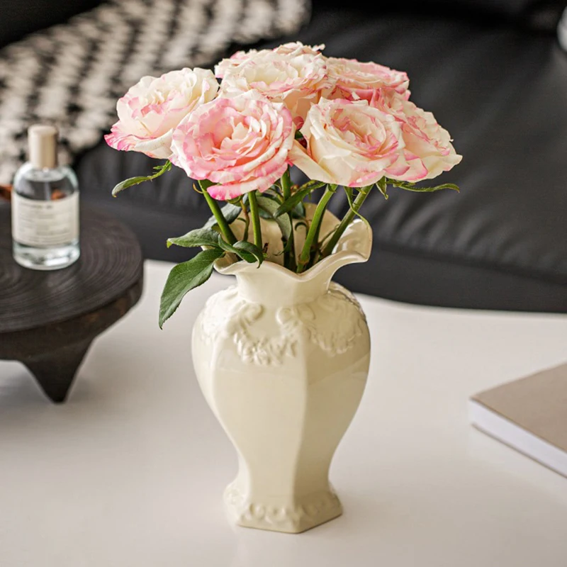 European Retro ceramic art relief vase color emulational rose flower wavy hexagonal bottle living room desktop flower decoration