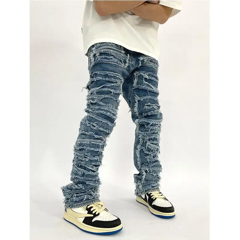 New Arrival Vintage Slim Fit Stylish Cotton Blue Color Skinny Flared Men Distressed Denim Jeans