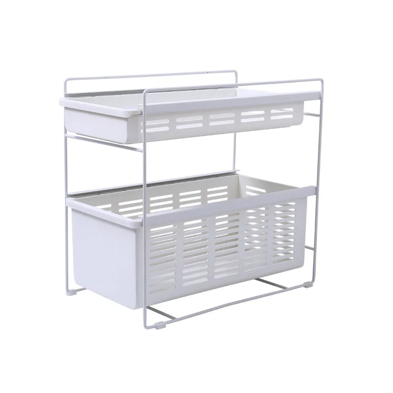 Ins Hot Stainless Steel PP Kitchen Bathroom Double-layer Vegetables Fruits Condiments Spice Pull-out Storage Rack with Drawer