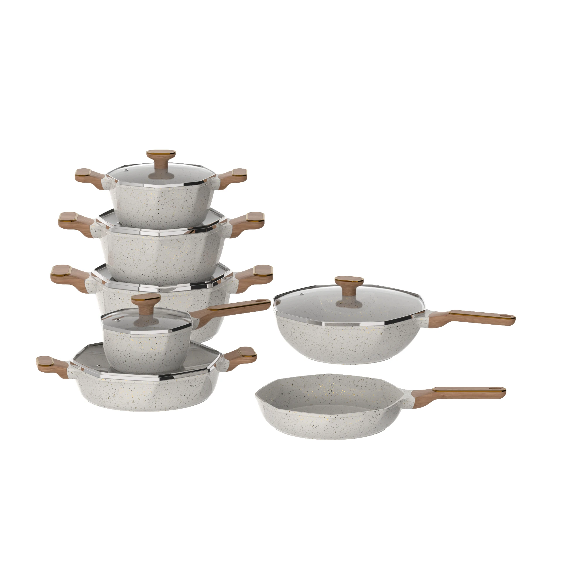 New Style Octagonal lightgrey Die casting non-stick Chinese wok Aluminum high quality cooking wok pan with glass lid