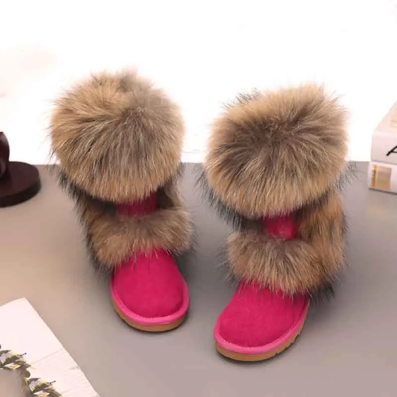 Plus Size Real Racoon Fur Collar Boots Winter Warm Casual Women Shoes Furry Genuine Sheepskin Leather Snow Women Winter Boots