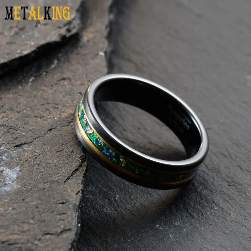 Black Gold Plated 6mm Tungsten Ring Blue Opal And Gold Foil Inlay Flat Edge Wedding Band