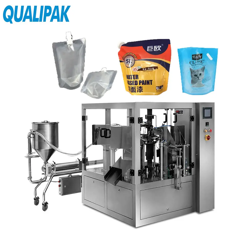 Qualipak Packing Food Pouch Premade Bag Powder Coffee Chocolate Milk Grain Potato Chips Flour Nut Liquid Packaging Machine