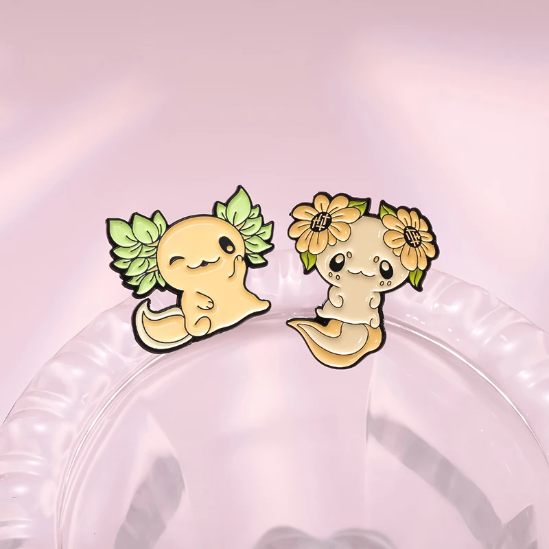 Cute Salamander Enamel Pins Custom Plant Sunflower Brooches Lapel Badges Cartoon Animal Jewelry Gift for Kids Friends